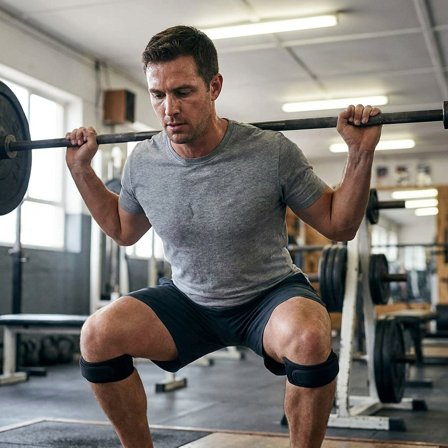 Person at the bottom of a barbell squat in a gym