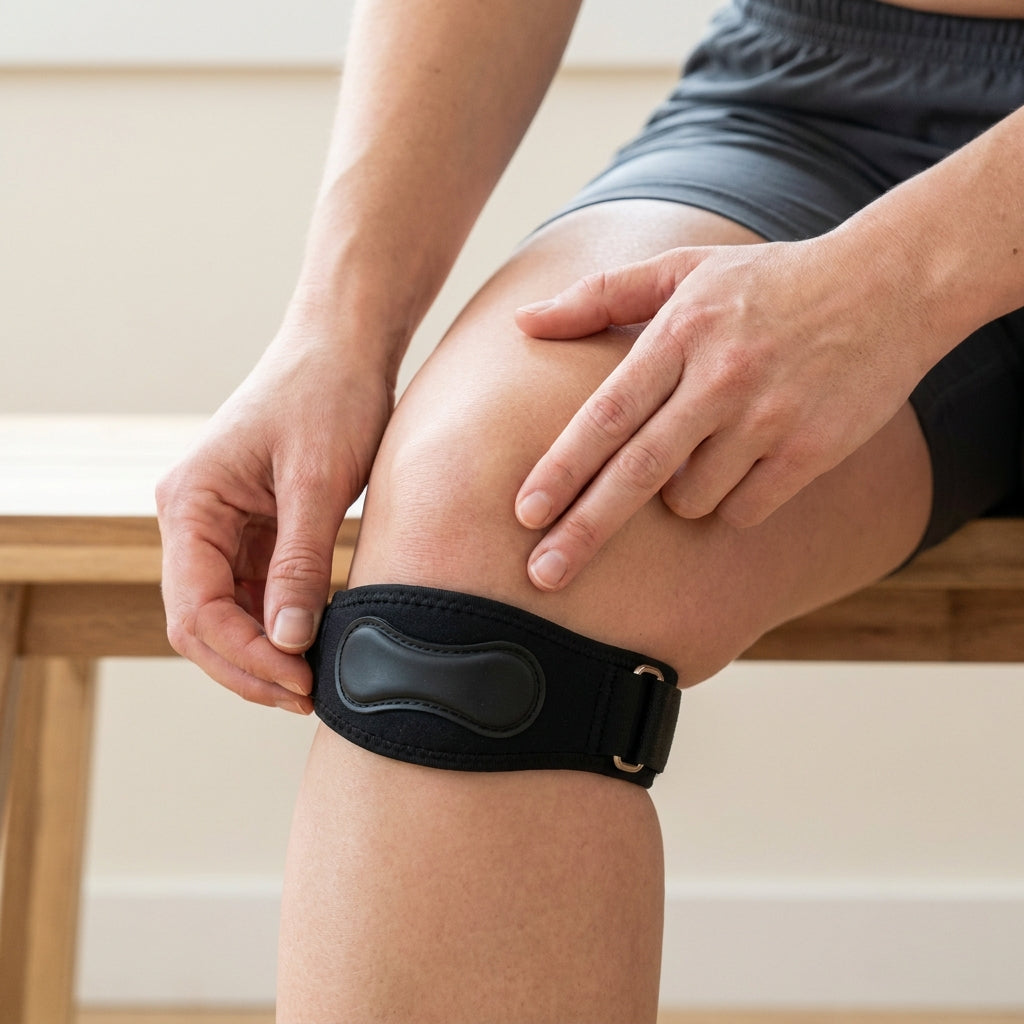 Hands positioning the strap two finger-widths below the kneecap on a slightly bent knee.