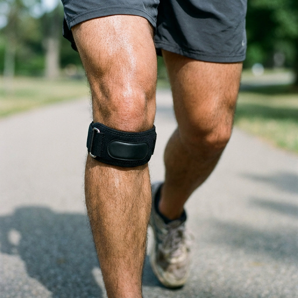 Close-up of the strap worn just below the kneecap on a mid-stride leg, daylight, athletic setting.